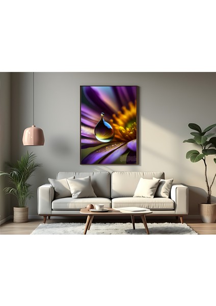 Metal Çerçeveli Gerçek Camlı Tablo - Dijital Baskı - Mor Çiçek ve Damla -2