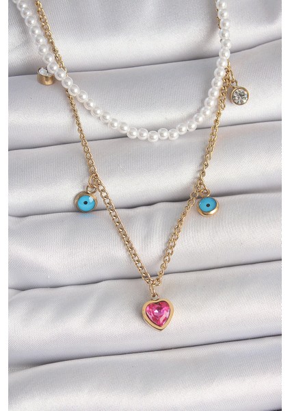 Bfs 316L Çelik Gold Renk 2'li Inci Zincir Model Pembe Taşlı Kalp Figür Nazar Boncuk Detay Kadın Kolye
