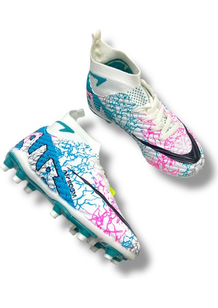 Çocuk Yeni Model Çoraplı Krampon Beyaz Turkuaz Desenli