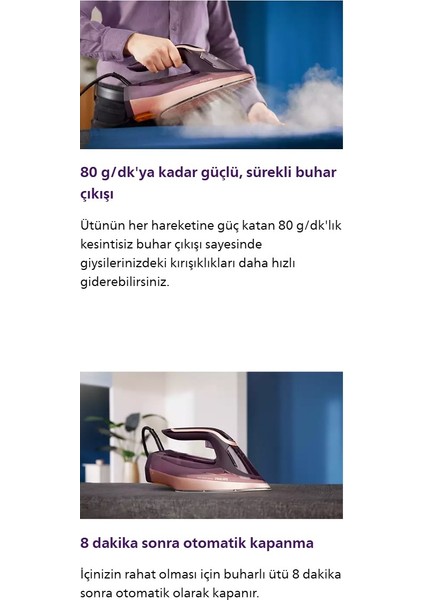 Sıfır Yanık Riski 3000W Yüksek Güç Akıllı Buhar Özelliğine Sahip 8000 Serisi Buharlı Ütü DTS8040+TÜY&HAV Temizleyici