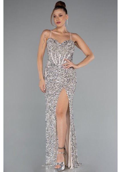 Yırtmaçlı Göğüs Drapeli Uzun Pullu Abiye Elbise ABU4842