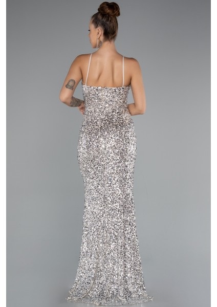 Yırtmaçlı Göğüs Drapeli Uzun Pullu Abiye Elbise ABU4842 fiyatları