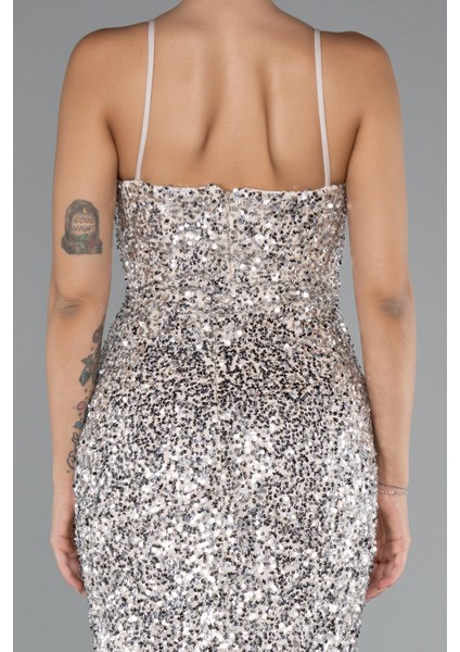 Yırtmaçlı Göğüs Drapeli Uzun Pullu Abiye Elbise ABU4842 fırsatları