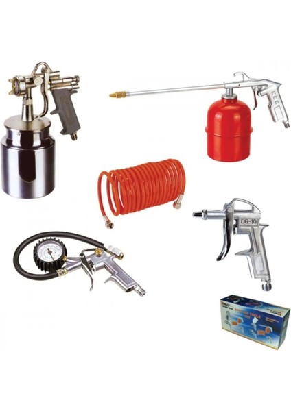 5 Li Kompresör Seti 5 Parça Hava Tabancalı Hortumlu