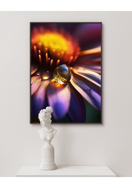 Metal Çerçeveli Gerçek Camlı Tablo - Dijital Baskı - Mor Çiçek ve Su Damlası
