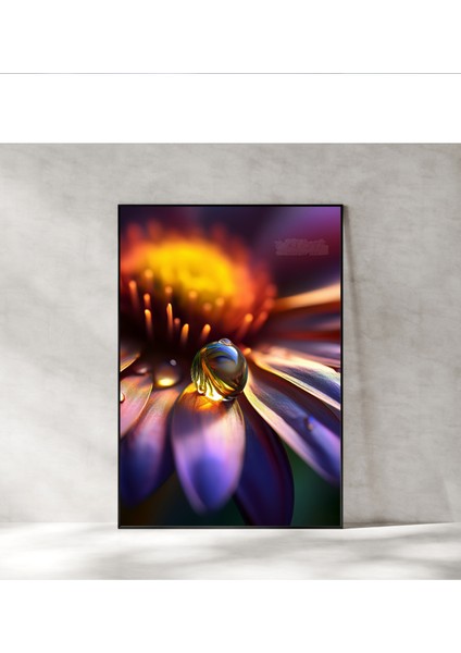 Metal Çerçeveli Gerçek Camlı Tablo - Dijital Baskı - Mor Çiçek ve Su Damlası indirimleri