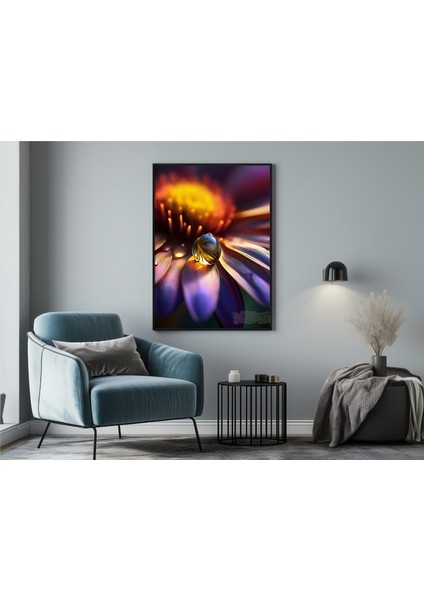 Metal Çerçeveli Gerçek Camlı Tablo - Dijital Baskı - Mor Çiçek ve Damla -3