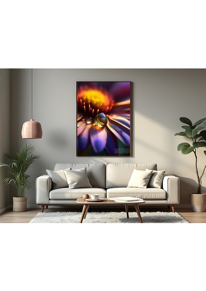 Metal Çerçeveli Gerçek Camlı Tablo - Dijital Baskı - Mor Çiçek ve Damla -3
