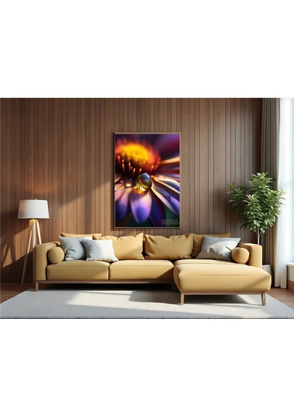 Metal Çerçeveli Gerçek Camlı Tablo - Dijital Baskı - Mor Çiçek ve Damla -3