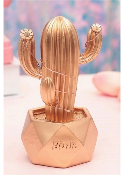 Bfs LED Işıklı Sevimli Kaktüs Dekoratif Masa Lambası Mini Biblo Gece Lambası-Gold
