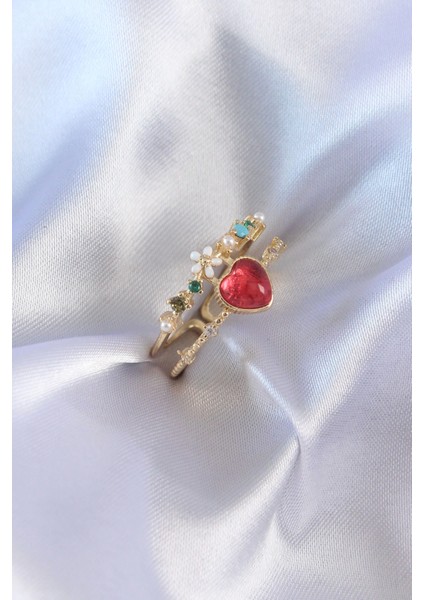 Bfs Gold Renk Kırmızı Zirkon Taş Kalp Model Pirinç Kadın Yüzük