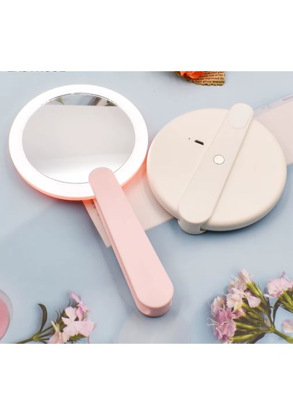 Katlanabilir Pembe Renk El Tipi Işıklı LED Taşınabilir Makyaj Aynası