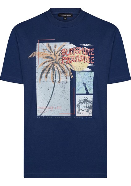 Erkek Lacivert Baskılı Pamuklu Tişört - Sunshine Paradise