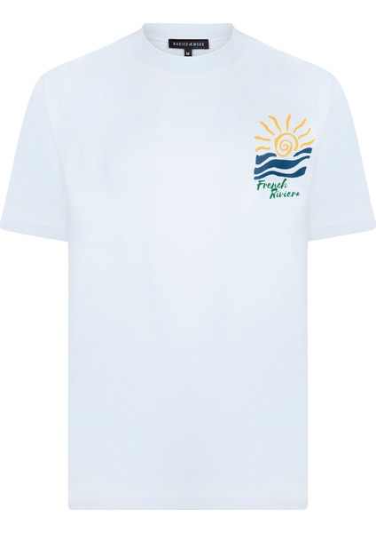 Erkek Mavi Baskılı Pamuklu Tişört - French Riviera