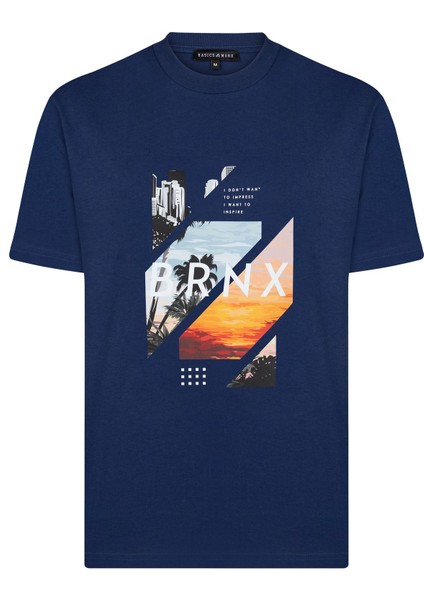 Erkek Indigo Baskılı Pamuklu Tişört - Brnx