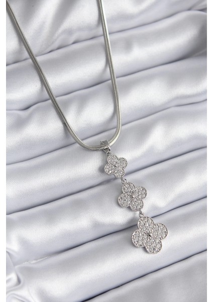 Bfs 316L Çelik Gümüş Renk Italyan Zincir Zirkon Taşı Yonca Model Kadın Kolye