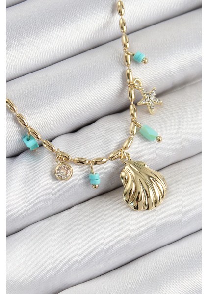 Bfs Pirinç Zirkon Taşlı Deniz Kabuğu Model Gold Renk Kadın Kolye