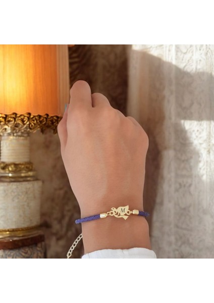 14 Ayar Plakalı Altın M Harfine Özel Doğal Mor Derili Kuş Motifli Hediye BILEKLIK-416HARF