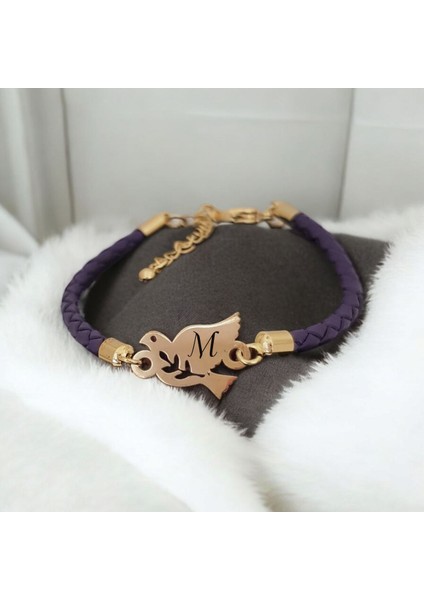 14 Ayar Plakalı Altın M Harfine Özel Doğal Mor Derili Kuş Motifli Hediye BILEKLIK-416HARF fiyatları
