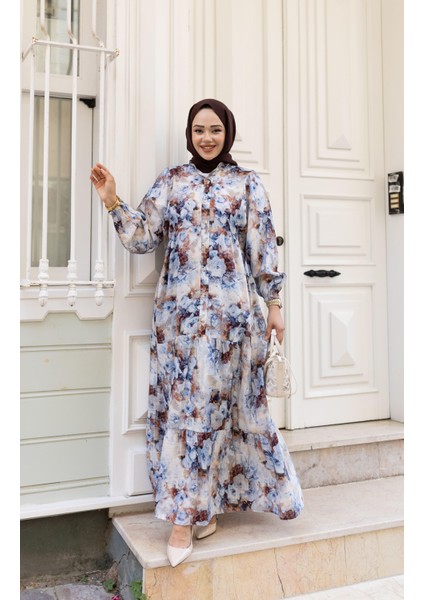 Kadın Çiçek Desenli Viskon Düğmeli Beyaz Elbise