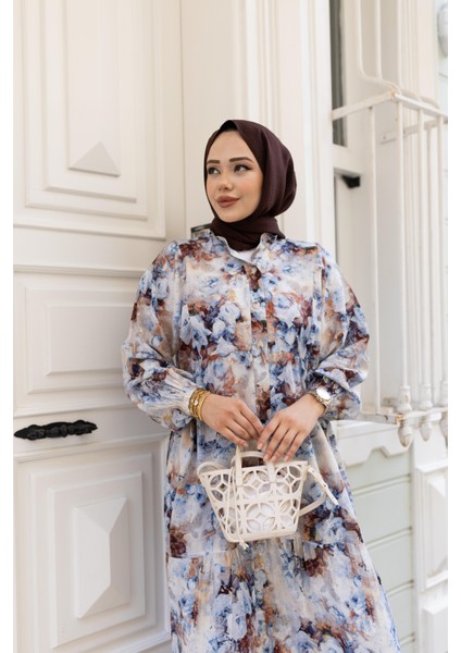 Kadın Çiçek Desenli Viskon Düğmeli Beyaz Elbise fırsatları