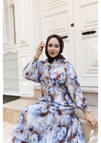 Kadın Çiçek Desenli Viskon Düğmeli Beyaz Elbise indirimleri