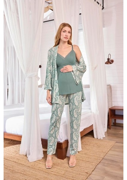 Monamise Etnik Desenli ve Dantelli Hamile Lohusa 3'lü Pijama Takımı