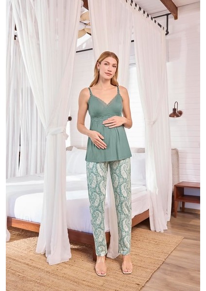 Monamise Etnik Desenli ve Dantelli Hamile Lohusa 3'lü Pijama Takımı