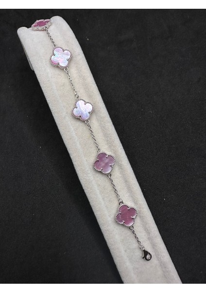 13 mm Yonca Pembe Sedefli Model Gümüş Kadın Bileklik