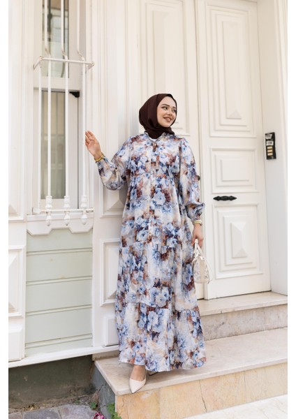 Kadın Çiçek Desenli Viskon Düğmeli Beyaz Elbise fiyatları