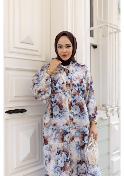 Kadın Çiçek Desenli Viskon Düğmeli Beyaz Elbise modelleri