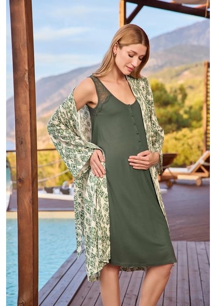 Monamise Etnik Desenli ve Dantelli Hamile Lohusa Sabahlık Takımı indirimleri