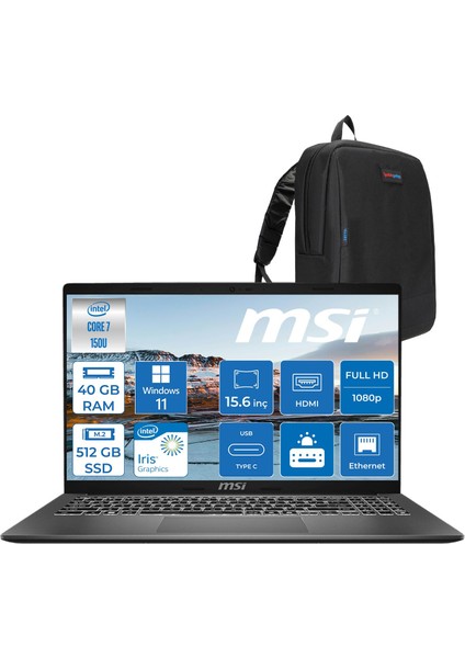 Msı Modern 15 Intel Core 7 150U 40GB 512GB SSD Intel® Graphics Windows 11 Pro 15.6" IPS Fullhd (1920X1080) Taşınabilir Bilgisayar F1MG632XTRP22 + Zetta Çanta