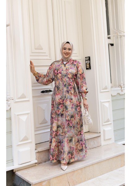 Kadın Çiçek Desenli Viskon Düğmeli Pembe Elbise