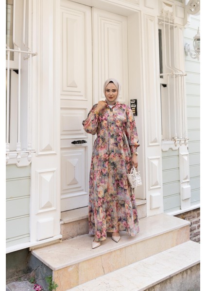 Kadın Çiçek Desenli Viskon Düğmeli Pembe Elbise fiyatları