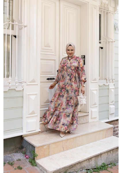 Kadın Çiçek Desenli Viskon Düğmeli Pembe Elbise modelleri