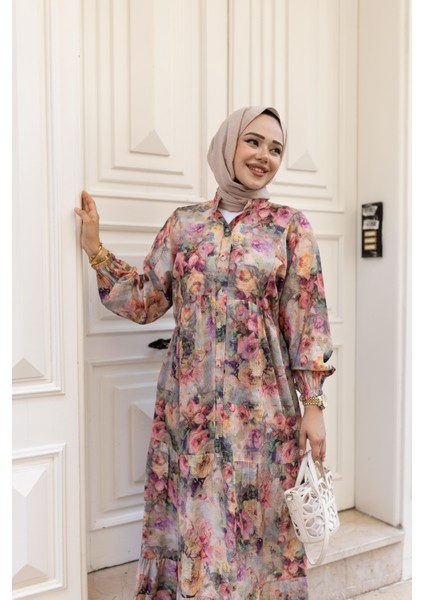 Kadın Çiçek Desenli Viskon Düğmeli Pembe Elbise fırsatları