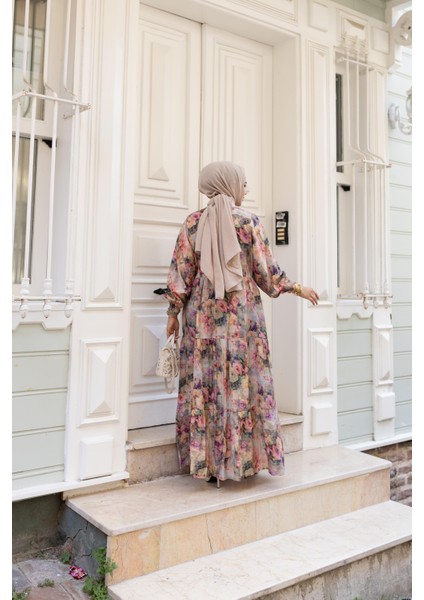 Kadın Çiçek Desenli Viskon Düğmeli Pembe Elbise indirimleri