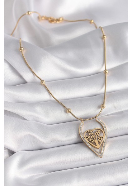 Bfs 316L Çelik Gold Renk Zirkon Taşlı Detaylı Kalp Fidan Model Kadın Kolye fiyatları