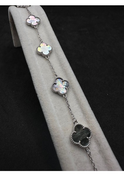 13 mm Yonca Gri Sedefli Model Gümüş Kadın Bileklik