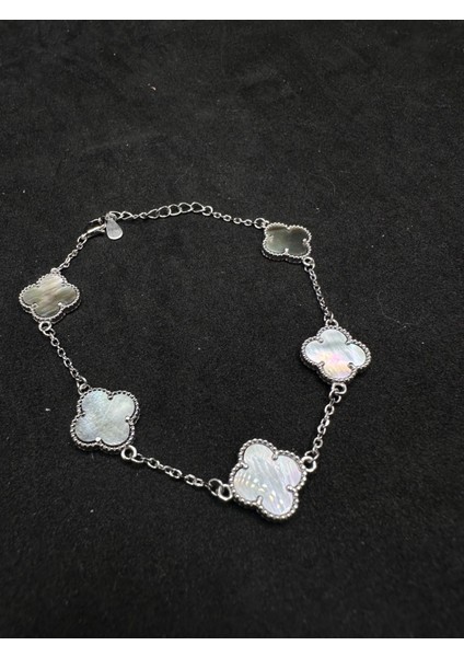 13 mm Yonca Gri Sedefli Model Gümüş Kadın Bileklik modelleri