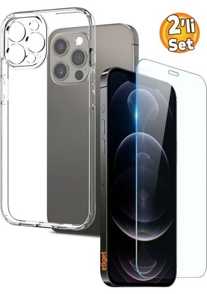 iPhone 12 Pro Şeffaf Kılıf + Cam Ekran Koruyucu Seti