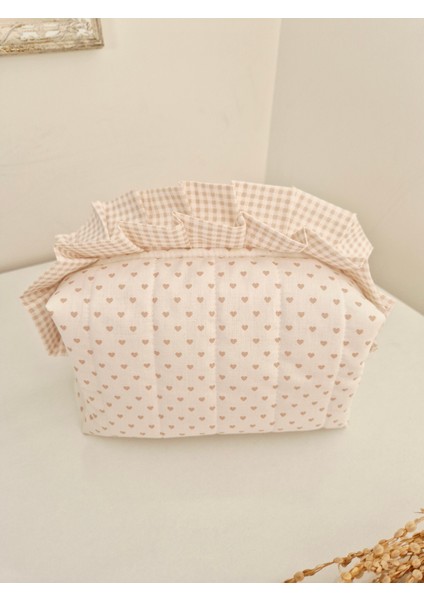 Bej Kalpli Makyaj Çantası – Fırfırlı , %100 Pamuklu, Kapitoneli, Çok Amaçlı Organizer, 20X10X10 cm modelleri