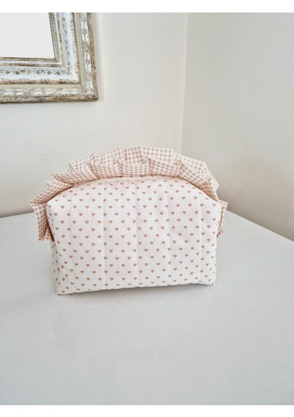 Bej Kalpli Makyaj Çantası – Fırfırlı , %100 Pamuklu, Kapitoneli, Çok Amaçlı Organizer, 20X10X10 cm fırsatları