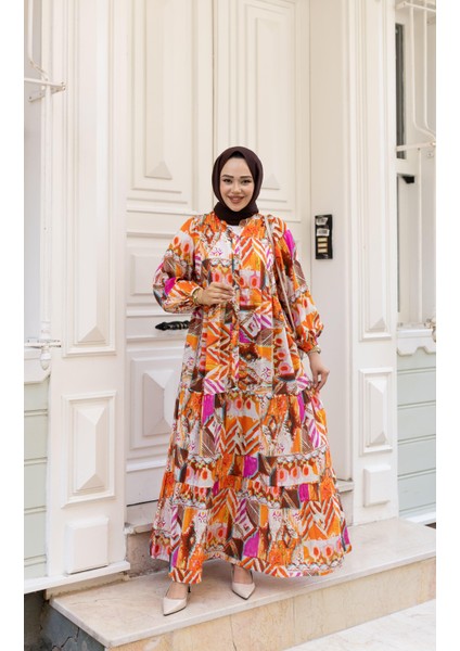 Kadın Desenli Viskon Düğmeli Kırmızı Elbise