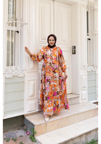 Kadın Desenli Viskon Düğmeli Kırmızı Elbise modelleri