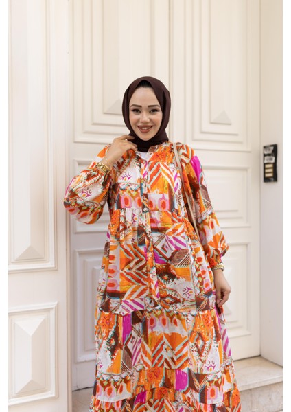 Kadın Desenli Viskon Düğmeli Kırmızı Elbise fırsatları