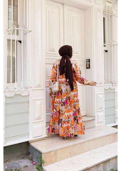 Kadın Desenli Viskon Düğmeli Kırmızı Elbise indirimleri