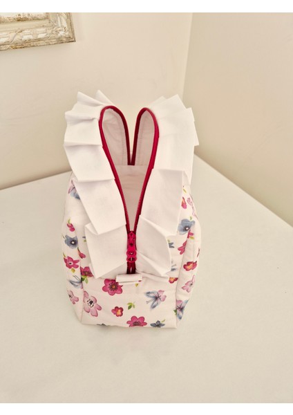 Kapitoneli Beyaz Fırfırlı Makyaj Çantası – Mavi,pembe Çiçekli %100 Pamuk, Büyük Boy Seyahat Organizer fiyatları