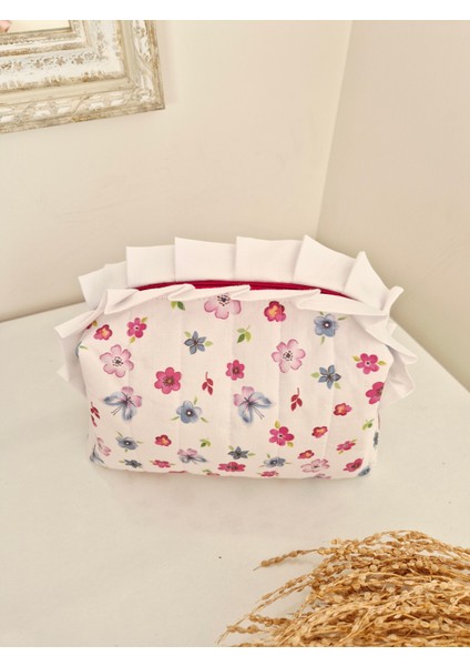 Kapitoneli Beyaz Fırfırlı Makyaj Çantası – Mavi,pembe Çiçekli %100 Pamuk, Büyük Boy Seyahat Organizer fırsatları